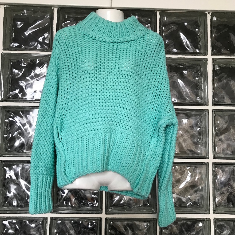 Free People Cowl Neck Chunky Knit Aqua Sweater - Picture 2 of 7